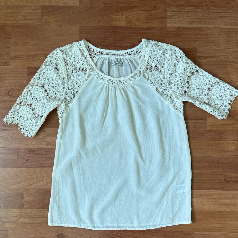MADEWELL | Broadway & Broome Silk Cream Lace Short Sleeve Top Size XS